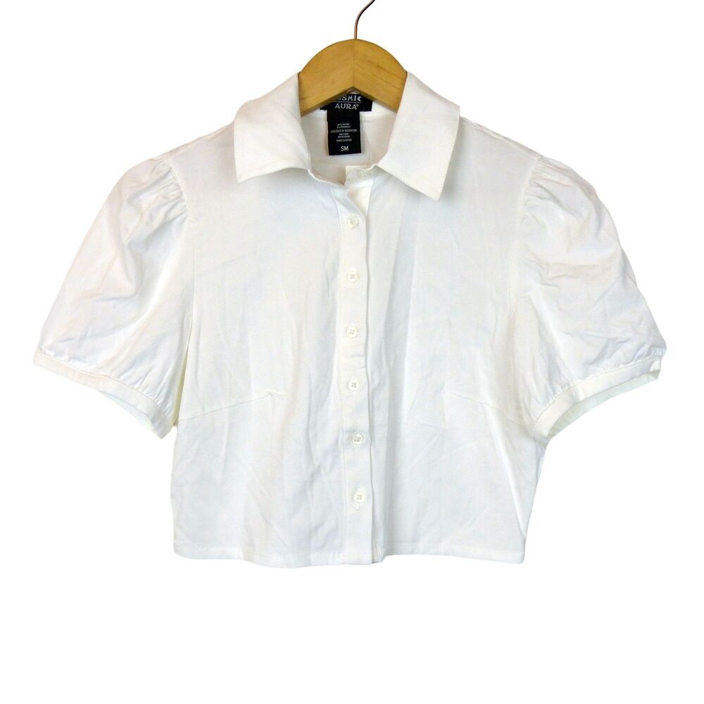 Hot Topic Cosmic Aura Cropped Blouse Womens S White Puff Sleeve Button Front NWT